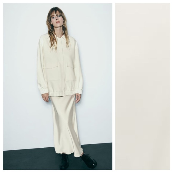 NWT. Zara Oyster White Long Bomber Jacket with Patch Pockets. Size XS. - Picture 2 of 10